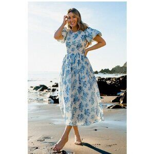 Ivy City Co Blue White Floral Odette Maxi Dress Sz M